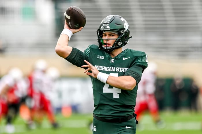 Michigan State's Sam Leavitt throws a pass before the football game against Nebraska on Saturday, Nov. 4, 2023, at Spartan Stadium in East Lansing.